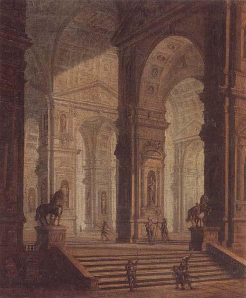 unknow artist The interior of a classical building,with soldiers guarding the entrance at the base of a set of steps Sweden oil painting art